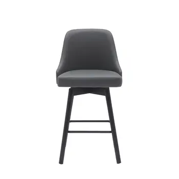 26" Gray and Black Faux Leather with Solid Wood Swivel Counter Height Bar Chair