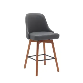 26" Gray and Wood Brown Faux Leather with Solid Wood Swivel Counter Height Bar Chair