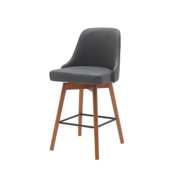 26" Gray and Wood Brown Faux Leather with Solid Wood Swivel Counter Height Bar Chair