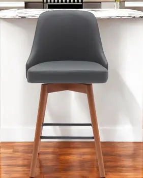 26" Gray and Wood Brown Faux Leather with Solid Wood Swivel Counter Height Bar Chair
