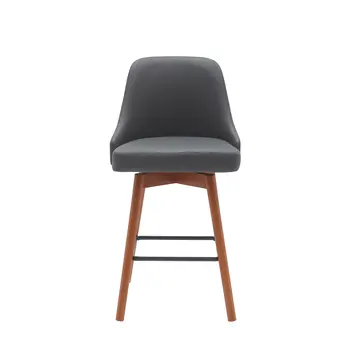 26" Gray and Wood Brown Faux Leather with Solid Wood Swivel Counter Height Bar Chair
