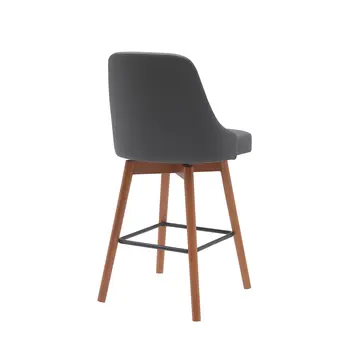 26" Gray and Wood Brown Faux Leather with Solid Wood Swivel Counter Height Bar Chair