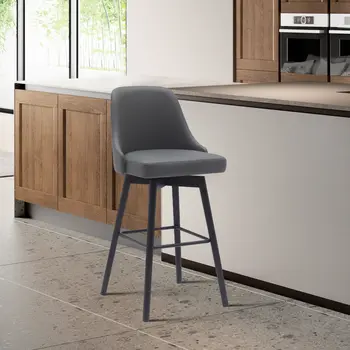 30" Gray and Black Faux Leather with Solid Wood Swivel Bar Height Bar Chair