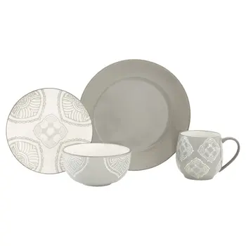 Gray and Ivory Sixteen Piece Round Geometric Ceramic Service For Four Dinnerware Set