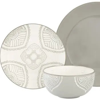 Gray and Ivory Sixteen Piece Round Geometric Ceramic Service For Four Dinnerware Set