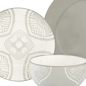 Gray and Ivory Sixteen Piece Round Geometric Ceramic Service For Four Dinnerware Set