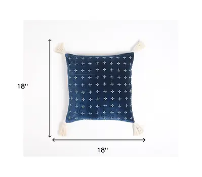 18" X 18" Blue and White Geometric Cotton Pillow Cover With Embroidery and Tassels