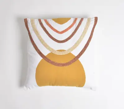 18" X 18" White and Gold Boho Cotton Pillow Cover With Embroidery