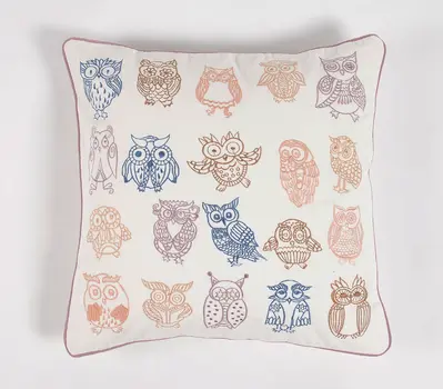 18" Pink and White Owl Cotton Throw Pillow Cover With Embroidery