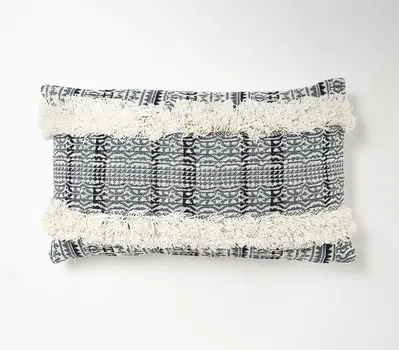 12" X 20" Blue and White Striped Cotton Throw Pillow Cover With Fringe