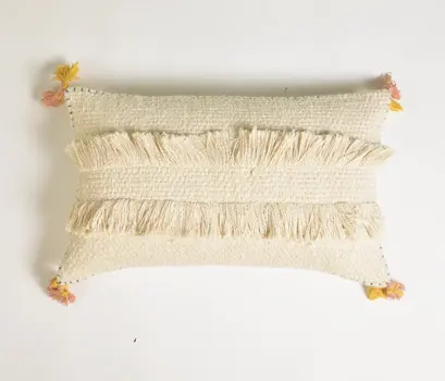 12" X 20" Ivory and White Striped Cotton Throw Pillow Cover With Fringe, Tassels