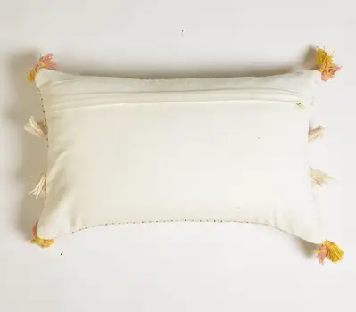 12" X 20" Ivory and White Striped Cotton Throw Pillow Cover With Fringe, Tassels