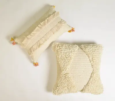 12" X 20" Ivory and White Striped Cotton Throw Pillow Cover With Fringe, Tassels