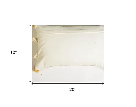 12" X 20" Ivory and White Striped Cotton Throw Pillow Cover With Fringe, Tassels