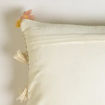 12" X 20" Ivory and White Striped Cotton Throw Pillow Cover With Fringe, Tassels