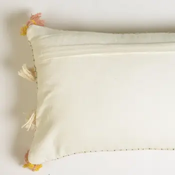 12" X 20" Ivory and White Striped Cotton Throw Pillow Cover With Fringe, Tassels