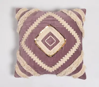 18" Purple and Ivory Geometric Cotton Throw Pillow Cover With Lace