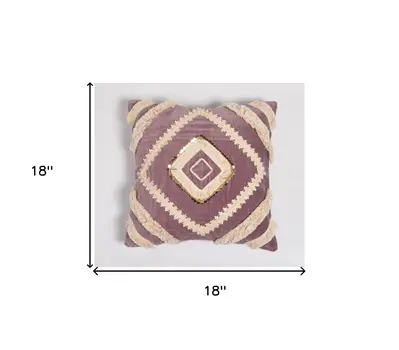 18" Purple and Ivory Geometric Cotton Throw Pillow Cover With Lace