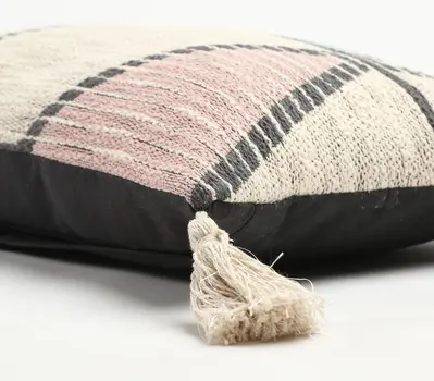 14" X 22" Ivory Gray and Pink Geometric Cotton Lumbar Throw Pillow Cover With Tassels