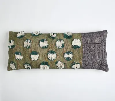 12" X 28" Beige and Green Abstract Cotton Throw Pillow Cover With Fringe