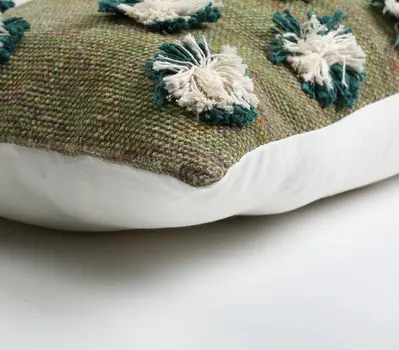 12" X 28" Beige and Green Abstract Cotton Throw Pillow Cover With Fringe