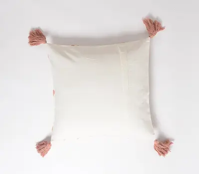 18" White and Coral Geometric Throw Pillow Cover With Tassels, Embroidered