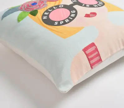 16" Blue and Pink Floral Cotton Throw Pillow Cover With Embroidery
