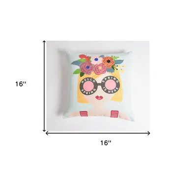 16" Blue and Pink Floral Cotton Throw Pillow Cover With Embroidery