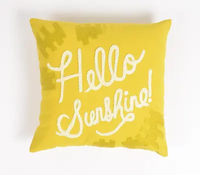 16" Yellow and White Cotton Throw Pillow Cover With Embroidery