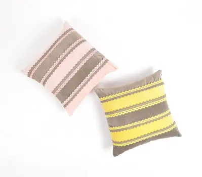 16" Yellow and Brown Striped Cotton Throw Pillow Cover With Lace