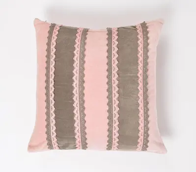 16" Pink and Brown Striped Throw Pillow Cover With Lace