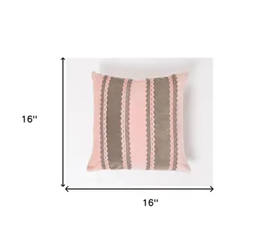 16" Pink and Brown Striped Throw Pillow Cover With Lace