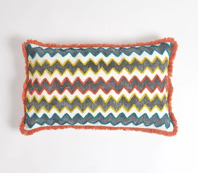 12" X 20" Orange and White Chevron Cotton Blend Throw Pillow Cover With Fringe