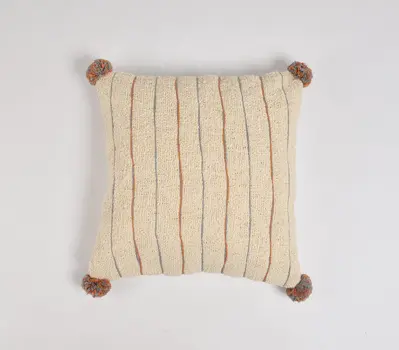 18" Beige and Orange Linen Cotton Throw Pillow Cover With Pom Poms