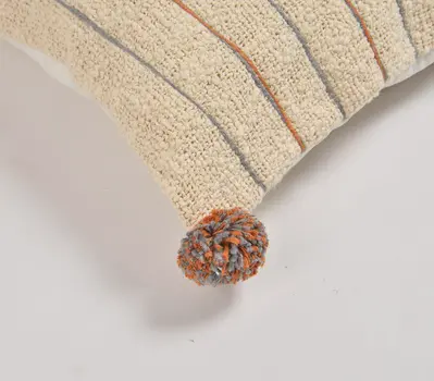18" Beige and Orange Linen Cotton Throw Pillow Cover With Pom Poms