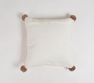 18" Beige and Orange Linen Cotton Throw Pillow Cover With Pom Poms