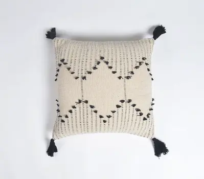 18" Black and White Diamond Cotton Throw Pillow Cover With Fringe, Tassels
