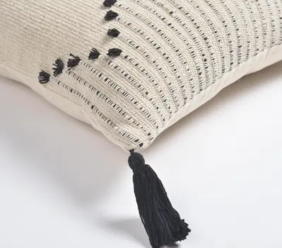 18" Black and White Diamond Cotton Throw Pillow Cover With Fringe, Tassels