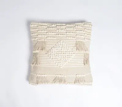 18" Ivory and White Striped Cotton Throw Pillow Cover With Fringe, Tufts