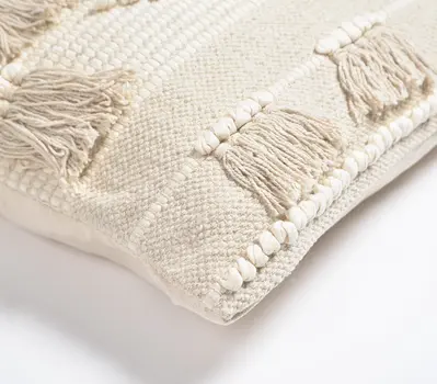 18" Ivory and White Striped Cotton Throw Pillow Cover With Fringe, Tufts