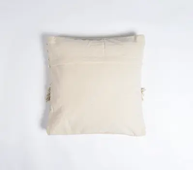 18" Ivory and White Striped Cotton Throw Pillow Cover With Fringe, Tufts