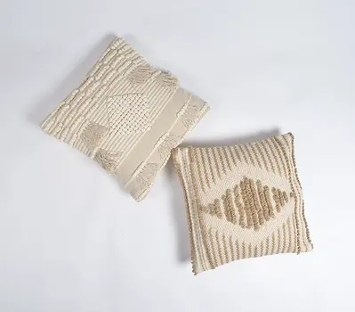 18" Ivory and White Striped Cotton Throw Pillow Cover With Fringe, Tufts