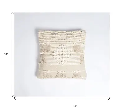 18" Ivory and White Striped Cotton Throw Pillow Cover With Fringe, Tufts