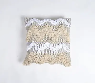 18" Beige and White Chevron Cotton Throw Pillow Cover With Fringe, Tufts