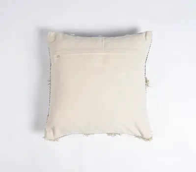 18" Beige and White Chevron Cotton Throw Pillow Cover With Fringe, Tufts
