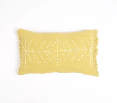 12" X 20" Yellow and White Geometric Cotton Throw Pillow Cover With Embroidery, Fringe
