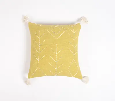18" Yellow and White Geometric Cotton Throw Pillow Cover With Embroidery, Tassels