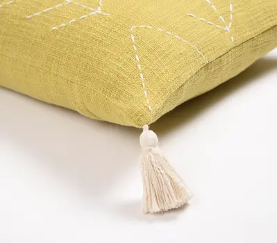 18" Yellow and White Geometric Cotton Throw Pillow Cover With Embroidery, Tassels