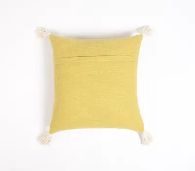 18" Yellow and White Geometric Cotton Throw Pillow Cover With Embroidery, Tassels