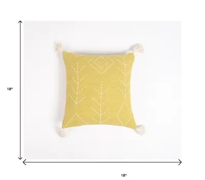 18" Yellow and White Geometric Cotton Throw Pillow Cover With Embroidery, Tassels
